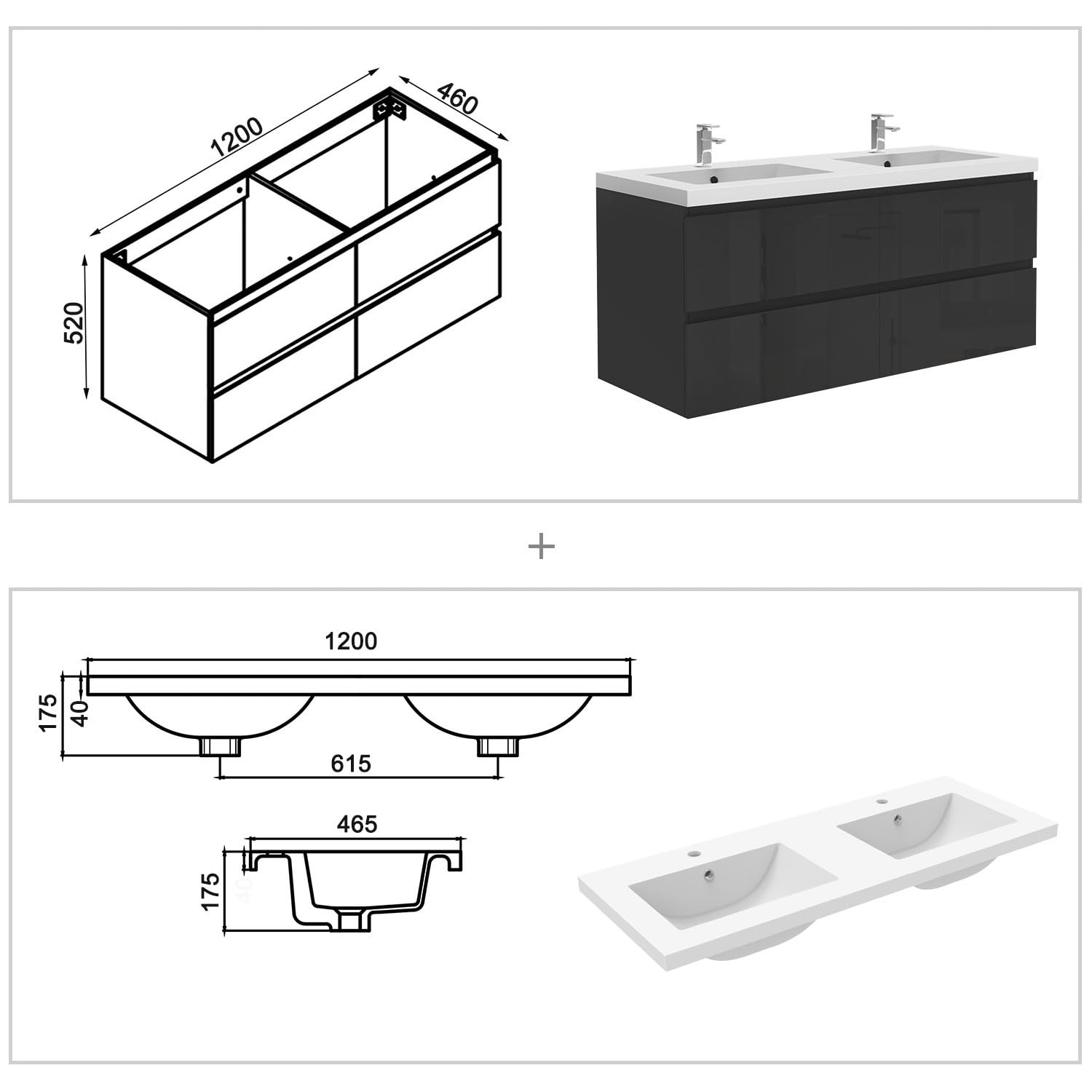 Badezimmermöbel 120cm Mineralguss Waschtisch mit Unterschrank Badmöbel Set Badezimmerschränke mit 2 Soft-Close Schubladen Hochglanz Schwarz