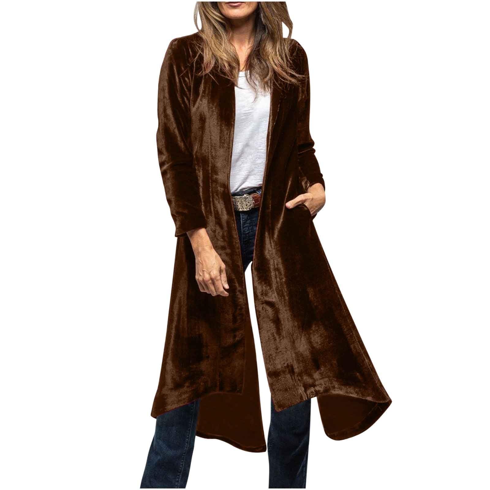 Womens Long Velvet Cardigan Open Front Back High Slit Blazer Suit Jacket Elegant Trench Coat with Pockets