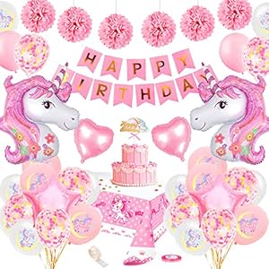Décoration Anniversaire Licorne Fille, Kit Anniversaire Licorne Rose avec 3D Licorne Feuille Confetti Ballons Pompoms…