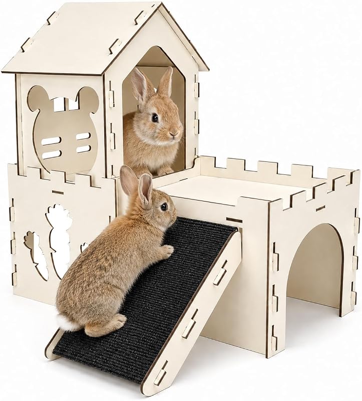 Casa de Madeira com Dois Níveis e Rampa Antiderrapante para Coelhos e Pequenos Animais TankMatDecor Bunny-castle-dl