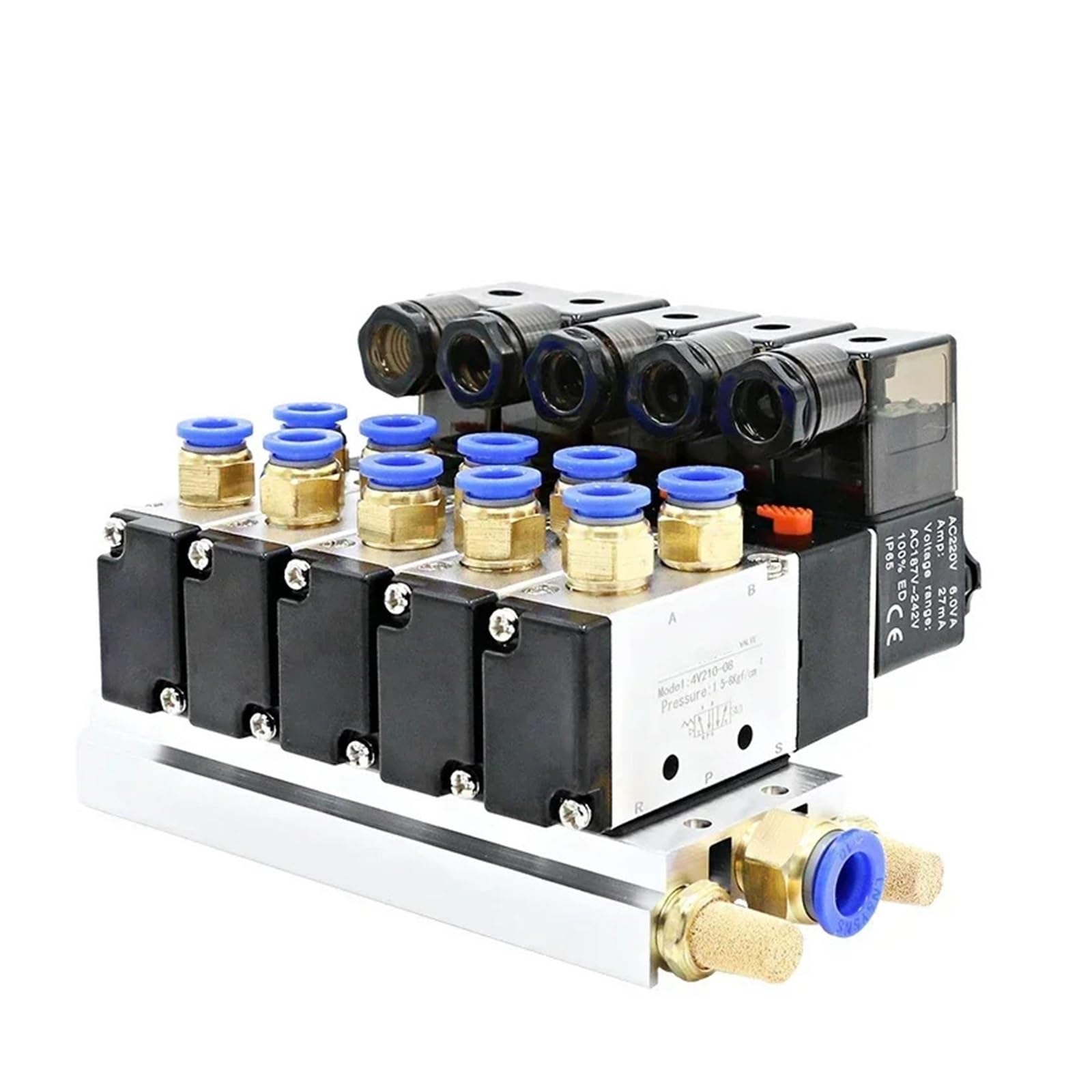 Bloque de electroválvula neumática 4V210-08, 12/24 V CC, 110/220 V CA, opción múltiple, con Base de Montaje y colector de 2/3/4/6 vías(4 Position 6mm Fitting,AC110V)