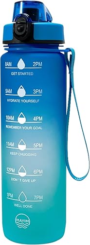 Mayim Botella de agua motivacional de 32 onzas con marcador de tiempo, popote abatible y tapa para beber (2 tapas), botella de agua deportiva sin