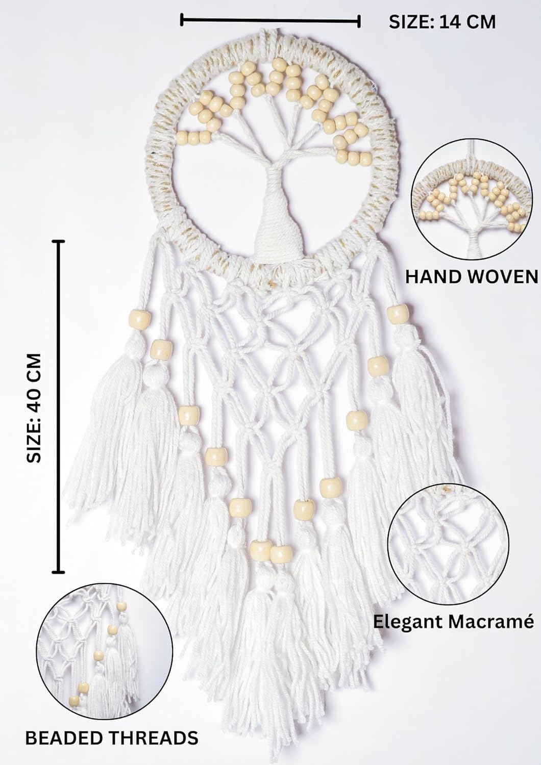 Tree of Life Dream Catcher, Hand Woven Macrame Wall Hanging, Wooden Beads, Boho Decor, 14 x 40 cm