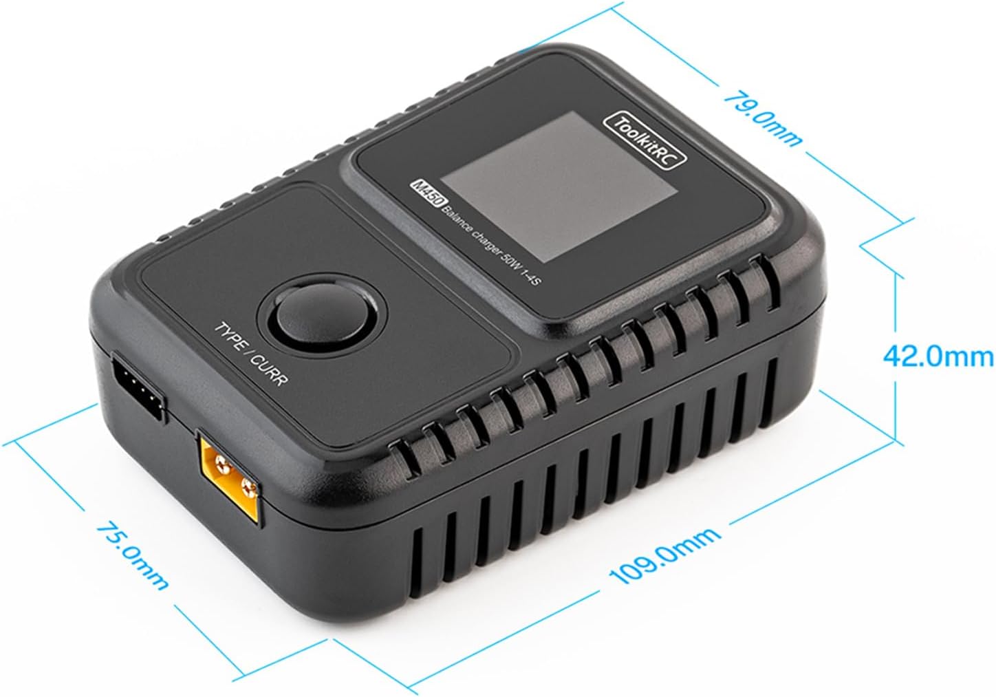 XBERSTAR ToolkitRC M450 Balance Charger with dimensions labeled