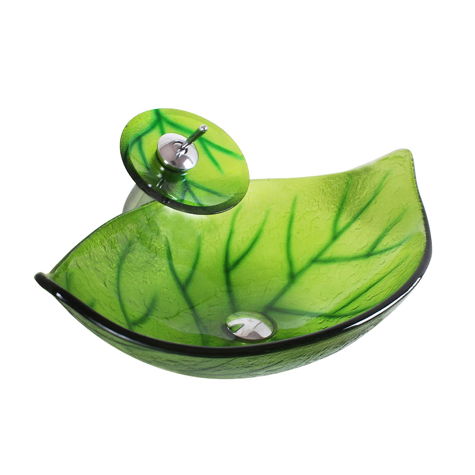 Vasque en verre trempé vert design feuille avec robinet cascade en laiton