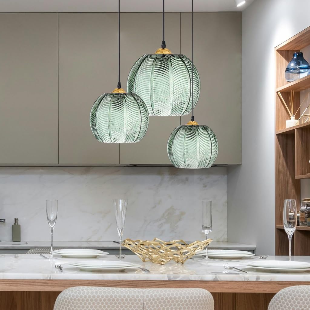 Lustre suspension en verre vert moderne E27 avec câble réglable