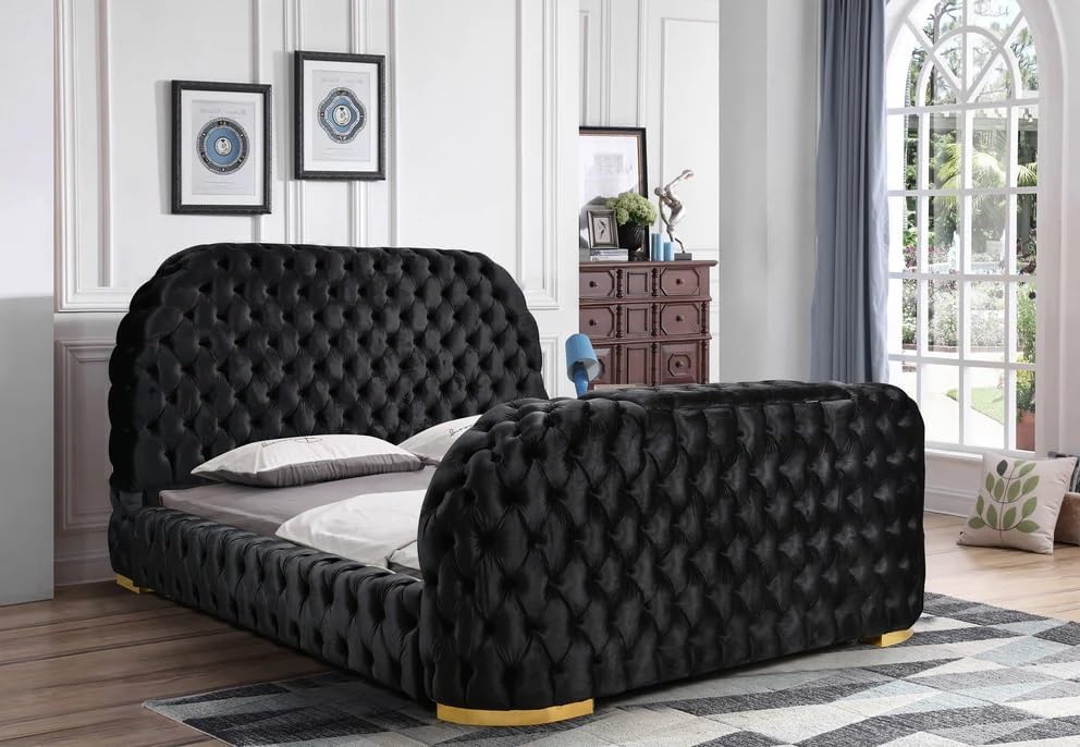 First of a Kind Leon Velvet Queen Bed Frame with TV Stand & Fireplace in Footboard, Luxury Upholstered Velvet Tufted Bed with Golden Legs, Tufted Beds, Bedframe with TV in Footboard, Black