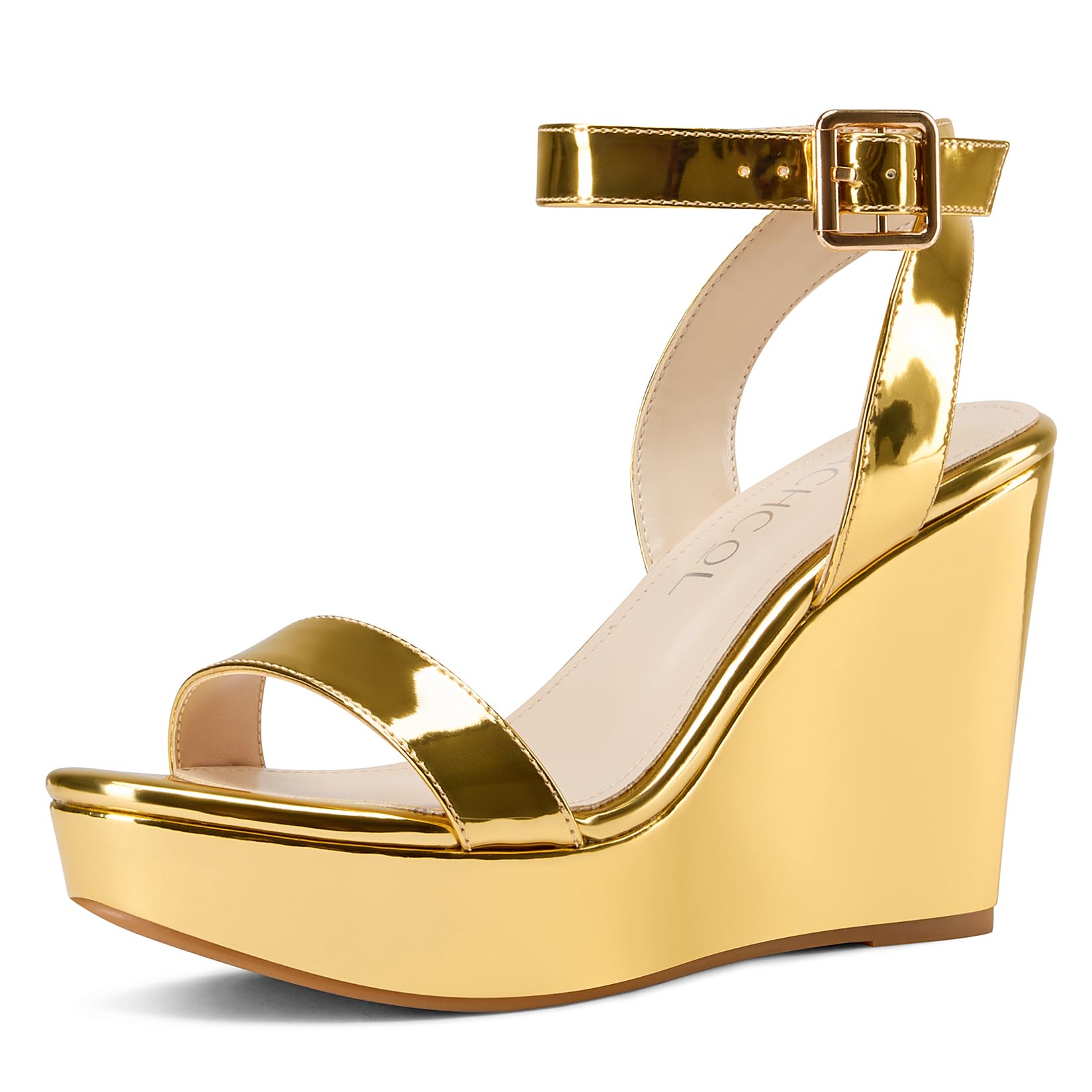 Aachcol Women Platform Wedge Sandals Round Peep Open Toe Ankle Strap Slingback Two-Piece Chunky Block High Heel Dress Shoes Pumps Party Patent 4 Inch