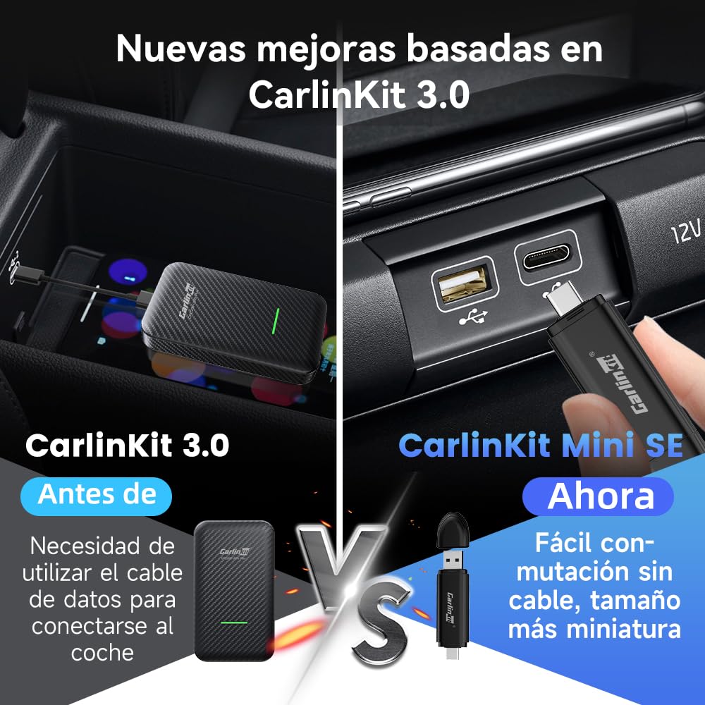 Carlinkit Mini SE Adaptador CarPlay inalámbrico,Adecuado para Coches con función carplay(año del Modelo: 2017 a 2025),Auto-Connect,CarPlay con Cable a inalámbrico