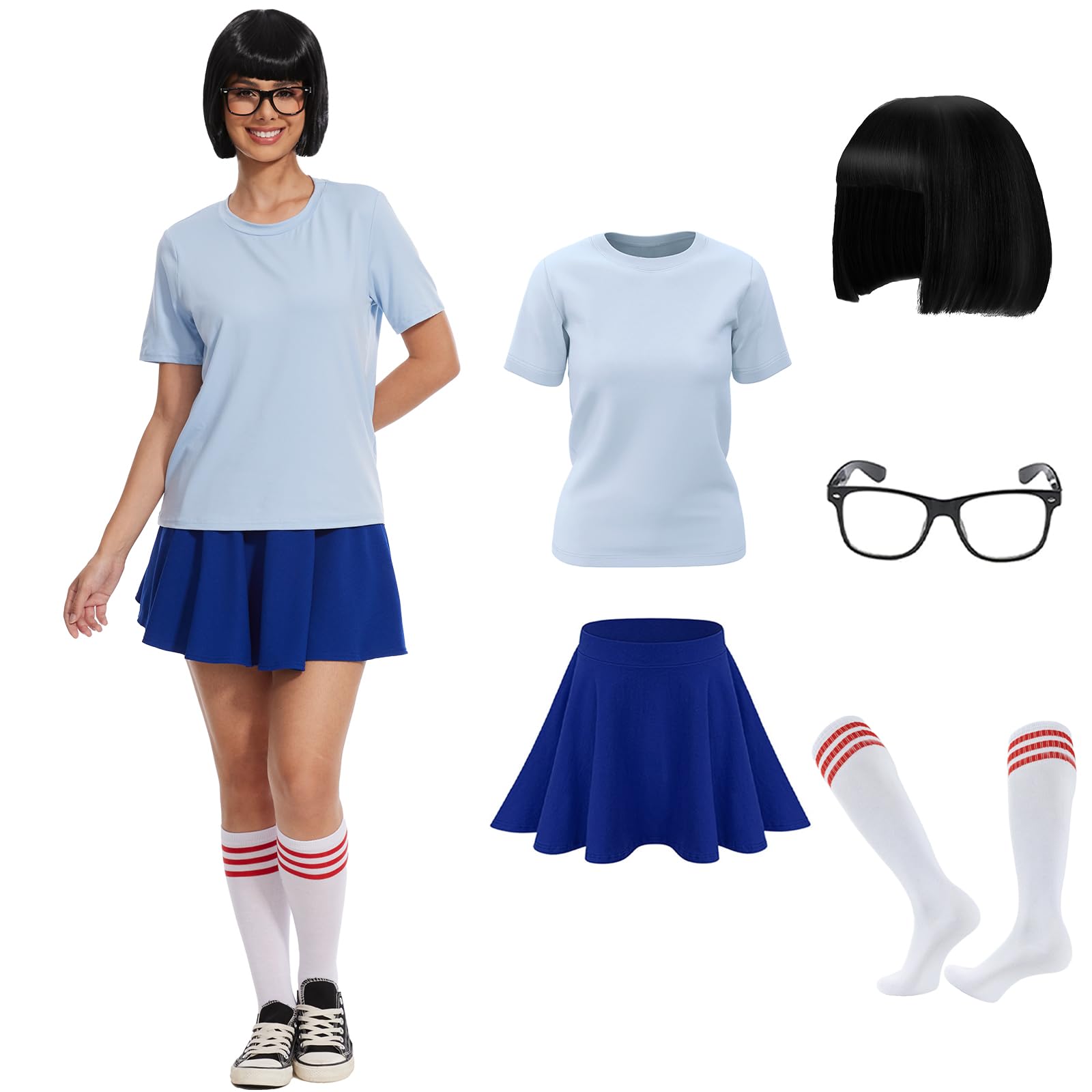 AJGEGJE 6 Pcs Nerd Costume for Women, Classic Movie Characters Costume with Black Wigs Blue Short Sleeve Shirts & Skirts Socks Glassesfor Halloween Party (XL)