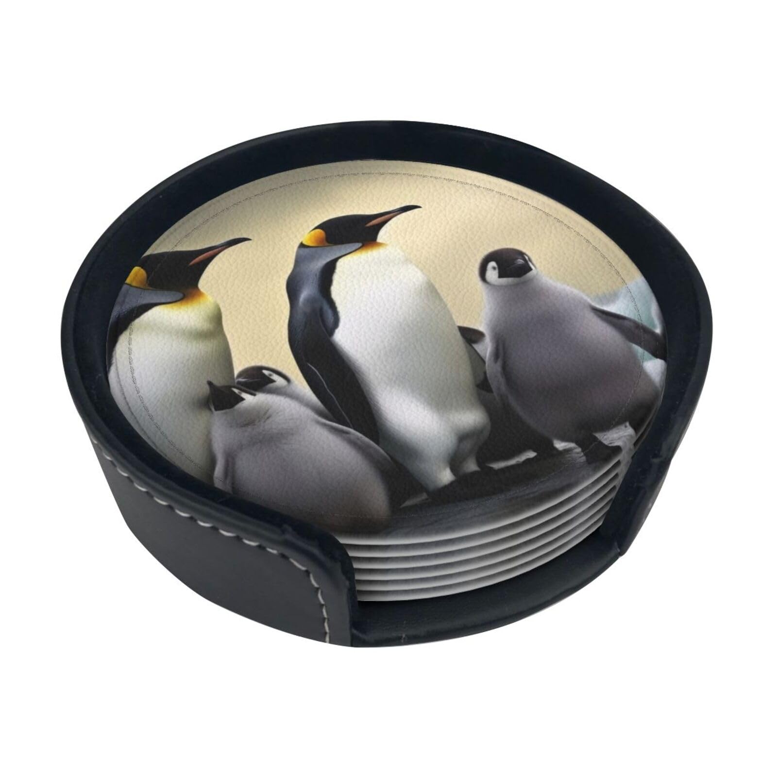 Ykclkshka White Penguin Family Round Leather Coasters (6 Pieces) - Drink Coaster Set For Desk, Modern Easy To Clean Home Office & Farmhouse Coasters