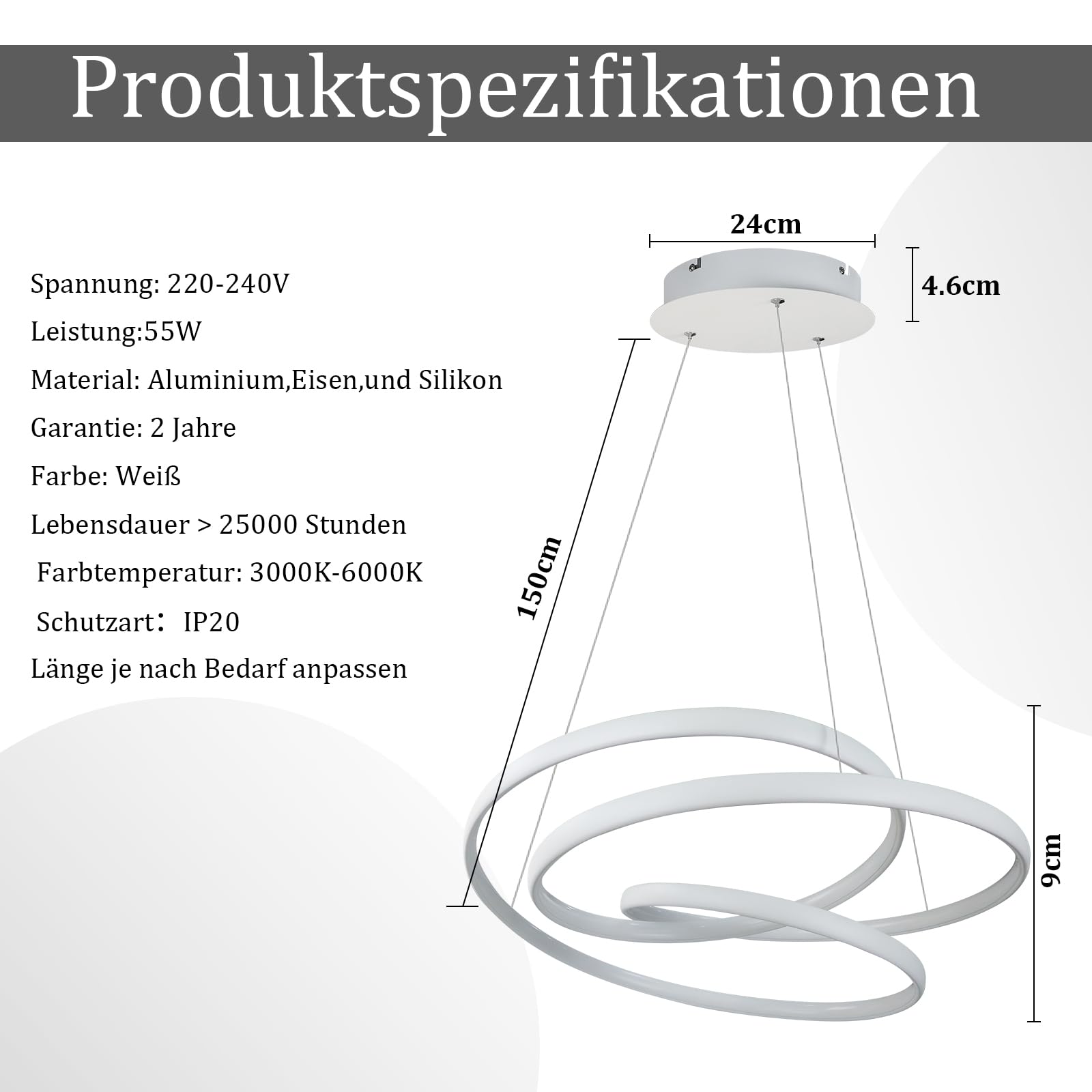 Zmh Led-hanglamp, witte hanglamp voor eetkamer, woonkamer, 47 W