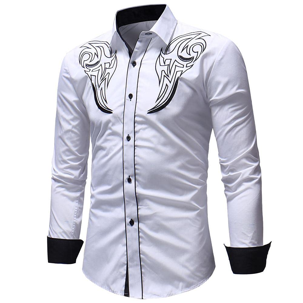 Cenlang Camisa de vestir de manga larga con bordado de vaquero occidental para hombre, ajuste delgado, casual, con botones, estilo Oxford