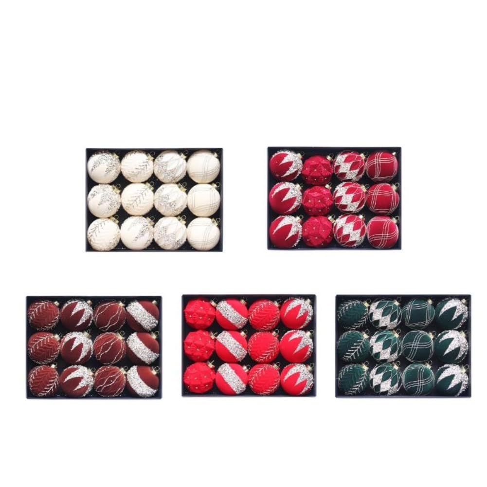 Juego de adornos de bolas de Navidad flocadas de 8 cm, 12 piezas de decoraciones de árbol con purpurina para decoración navideña y de temporada