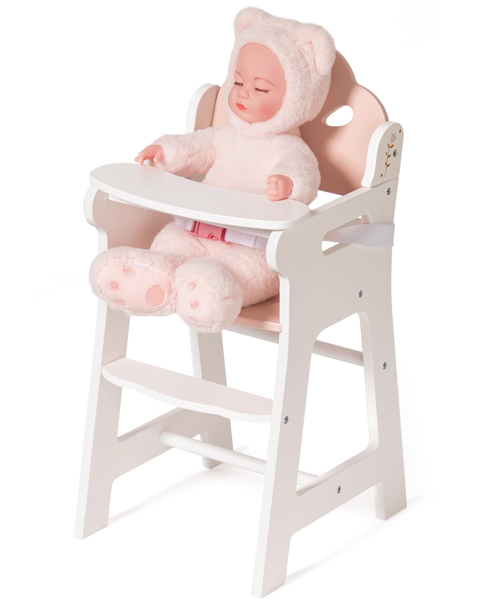 ROBUD Baby Doll High Chair, Pretend Play High Chair with Seat Belt, White Wooden Baby Doll Accessories with Movable Tabletop, Fits 18-20 Inch Dolls, WRP27