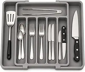 Organizador De Talheres Expansível Ajustável 33 A 57Cm Para Gaveta Porta Utensílios Cozinha Com 8 Divisórias Resistente Antiderrapante Cinza Premium