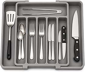Organizador De Talheres Expansível Ajustável 33 A 57Cm Para Gaveta Porta Utensílios Cozinha Com 8 Divisórias Resistente Antiderrapante Cinza Premium