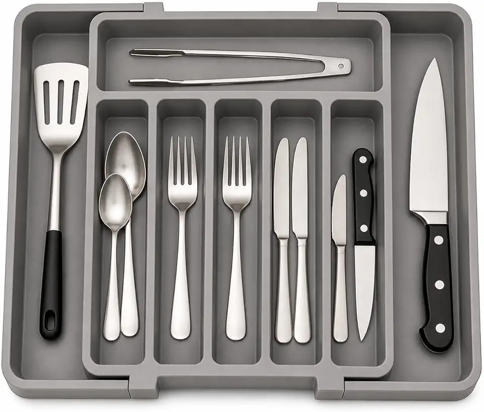 Organizador De Talheres Expansível Ajustável 33 A 57Cm Para Gaveta Porta Utensílios Cozinha Com 8 Divisórias Resistente Antiderrapante Cinza Premium