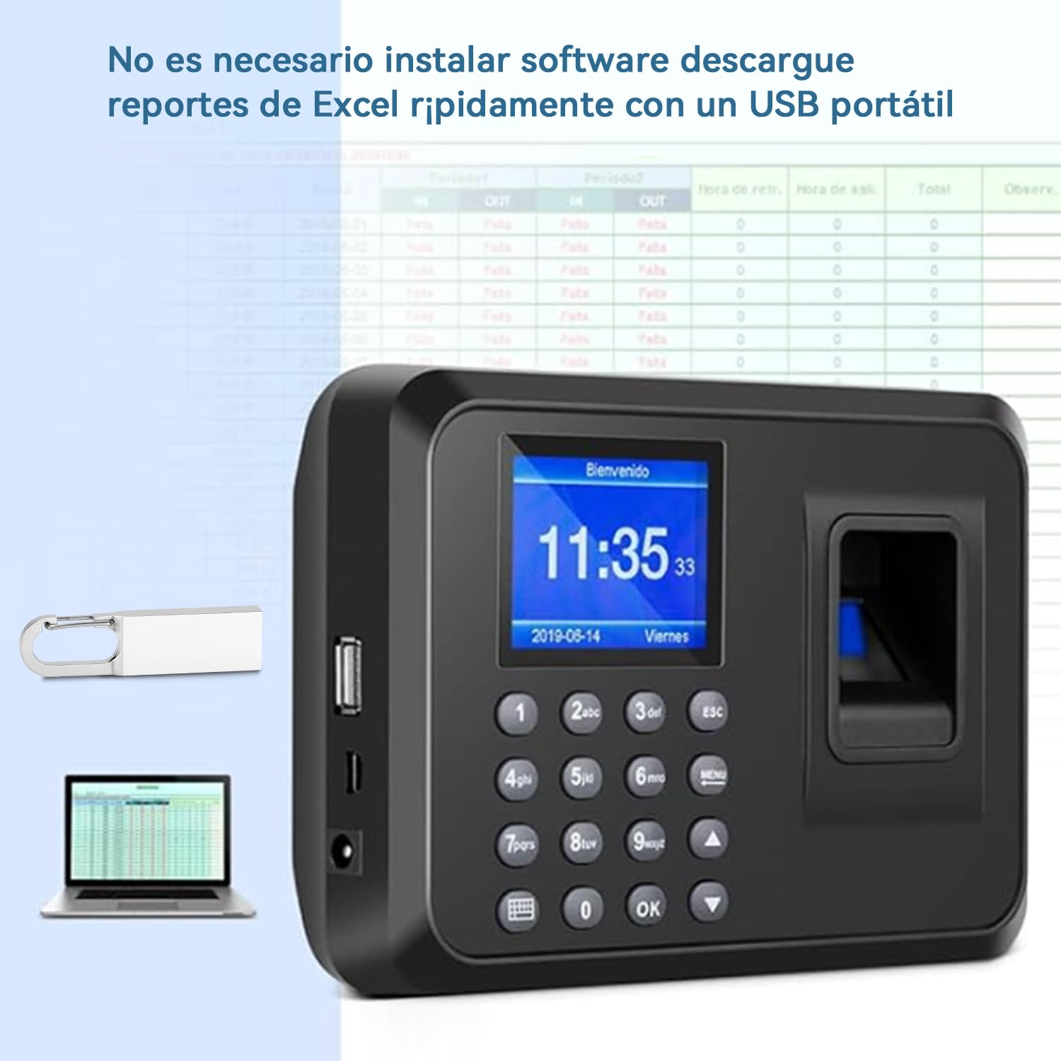 Control Horario Empleados, Reloj de Fichar, Maquina de Fichar, Fichaje Empleados con Sistema Española LCD Memoria de 8GB, con Capacidad de 1000 Huellas de fichar (No se Requiere Internet)