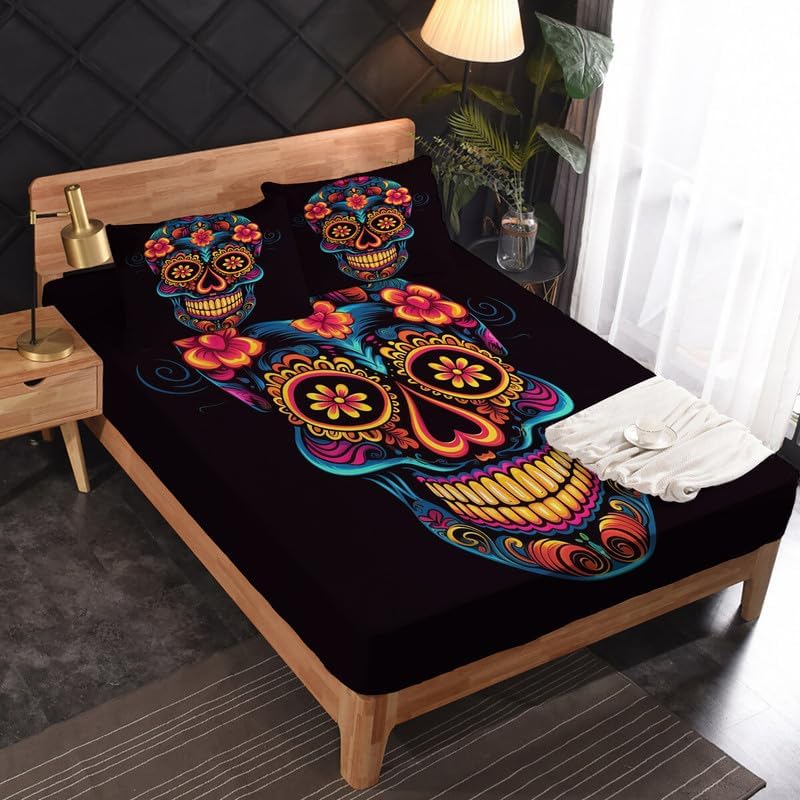 Miniatura 9 de Sugar Skull - Juego de sábanas de tamaño California King, sábanas del Día de los Muertos mexicanos, sábanas suaves y profundas y sin arrugas, 1