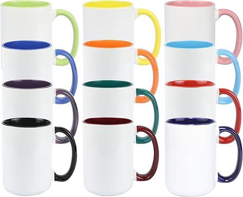 HomeVss Taza de café de sublimación de cerámica de 15 onzas, 12 colores surtidos, caja de 12