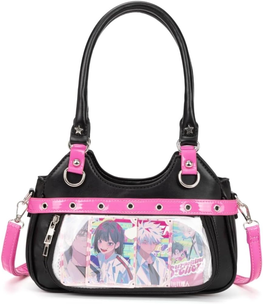 Anime Ita Bag PU Leather Shoulder Bag with Display Window, Studded Handbag with Adjustable Strap