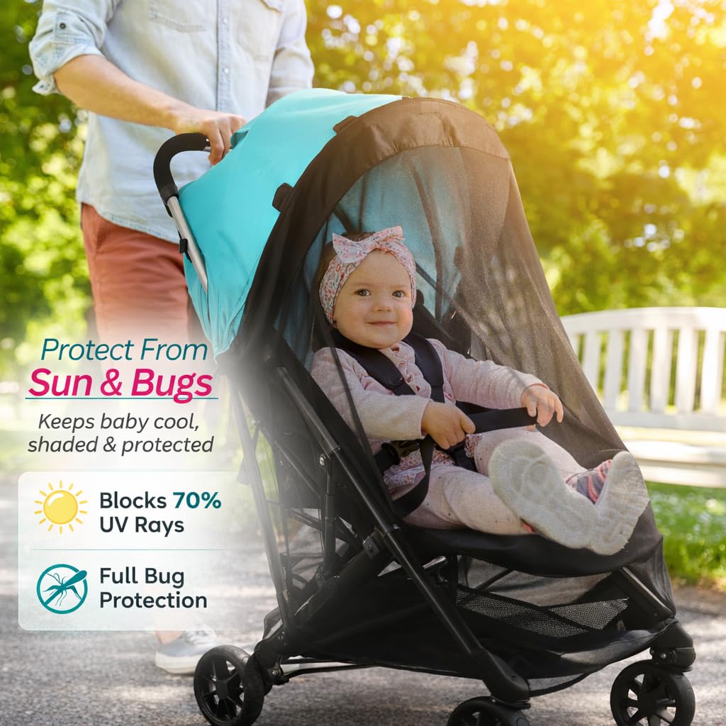 Swanoo Stroller Sun Shade Cover, Mosquito Net for Stroller Shade Extender with Magnetic Tabs Block 70% of UV Rays, Bug Net Sun Protection Baby Stroller Accessories Stroller Canopy