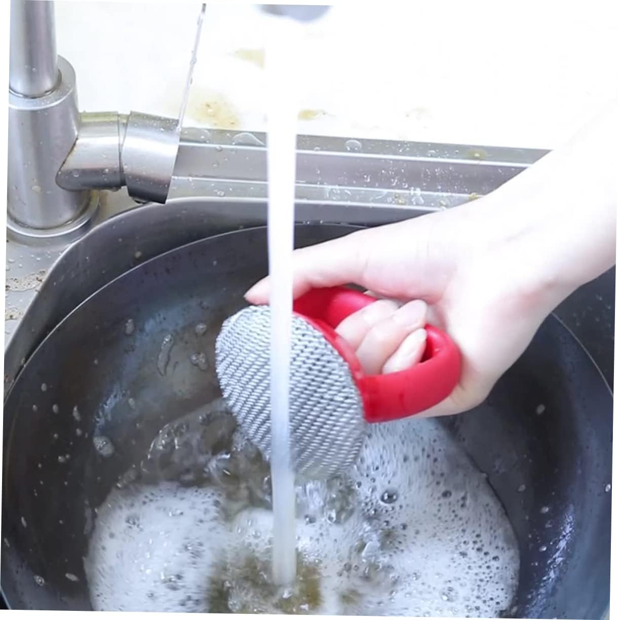 Outanaya Long Handle Brush Steel Ball Brush Metal Mesh Scraper for Cast Oven Skillet