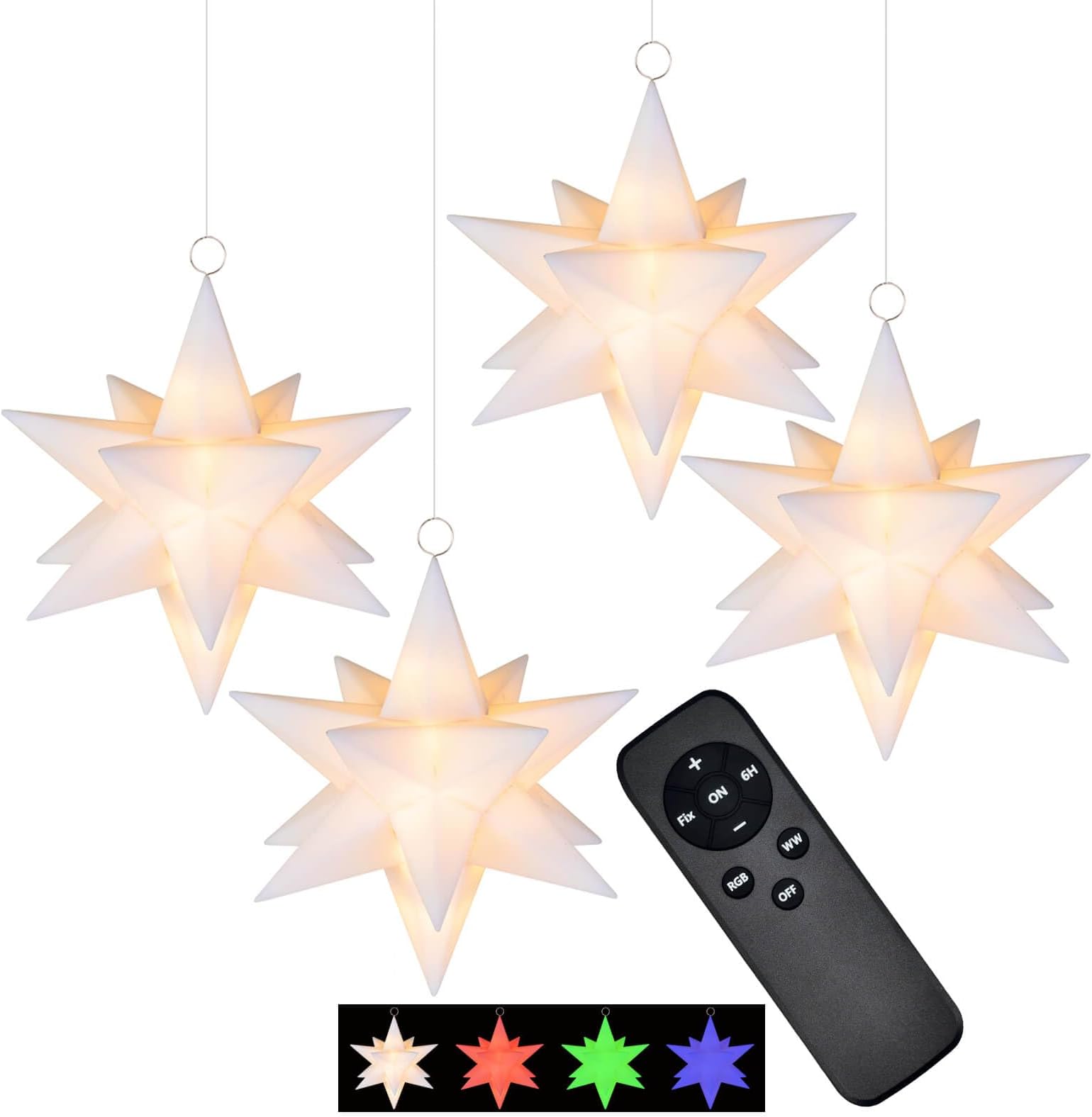 Leejec Moravian Star Light, 5" Floating Stars, Christmas Decorations, Indoor Hanging Ornament, RGB and Warm White LED Light, Battery Operated with Timer, Christmas Tree, Ceiling, Window Décor, 4-Pack