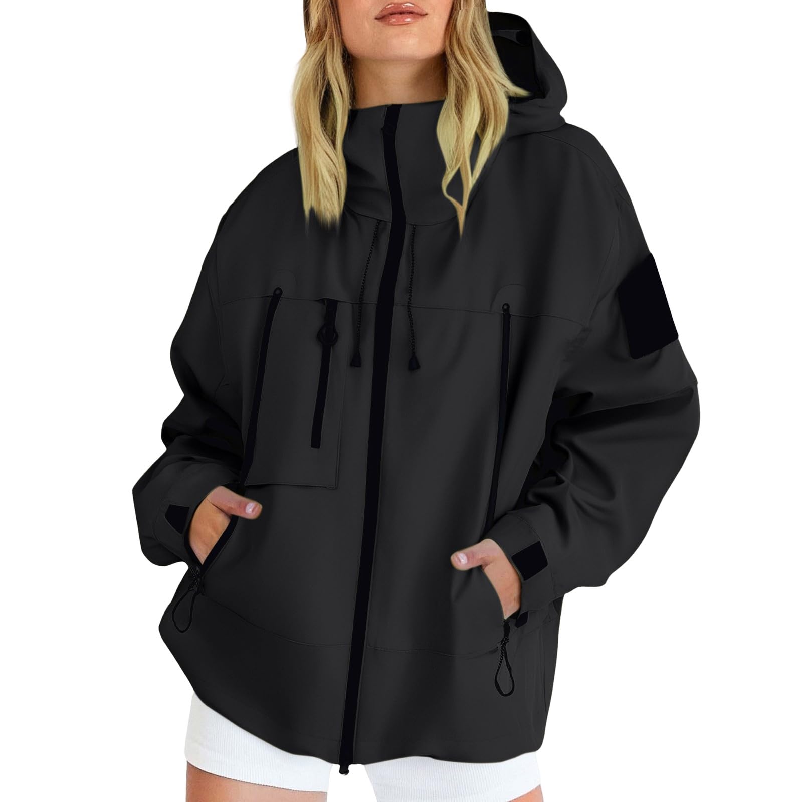 Bukknye Women's Black Lightweight Waterproof Jacket Raincoat Waterproof Jacket Lightweight Rain Coats Outdoor Rain Trench Coat Packable Hooded Raincoats With Multi Pocket Zipper Oversize
