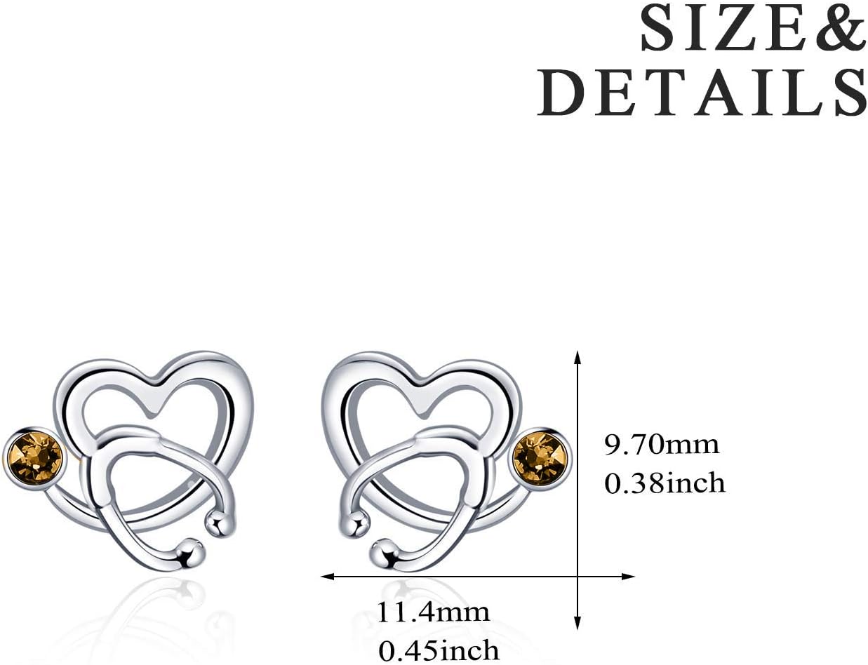 AOBOCO Nurse Earrings 925 Sterling Silver Stethoscope Studs Earrings Simulated 12 Months Birthstone Crystal from Austria, Graduation Jewelry Gifts for Nurse Doctor RN Medical Student