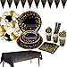 Partygeschirr Schwarzgoldenes,Schwarzesgold Partyzubehör Pappbecher Pappteller Set, Partygeschirr,einschließlich Tischdecke Teller Becher Servietten zum Geburtstag, Hochzeiten, Jubiläums(Schwarz)