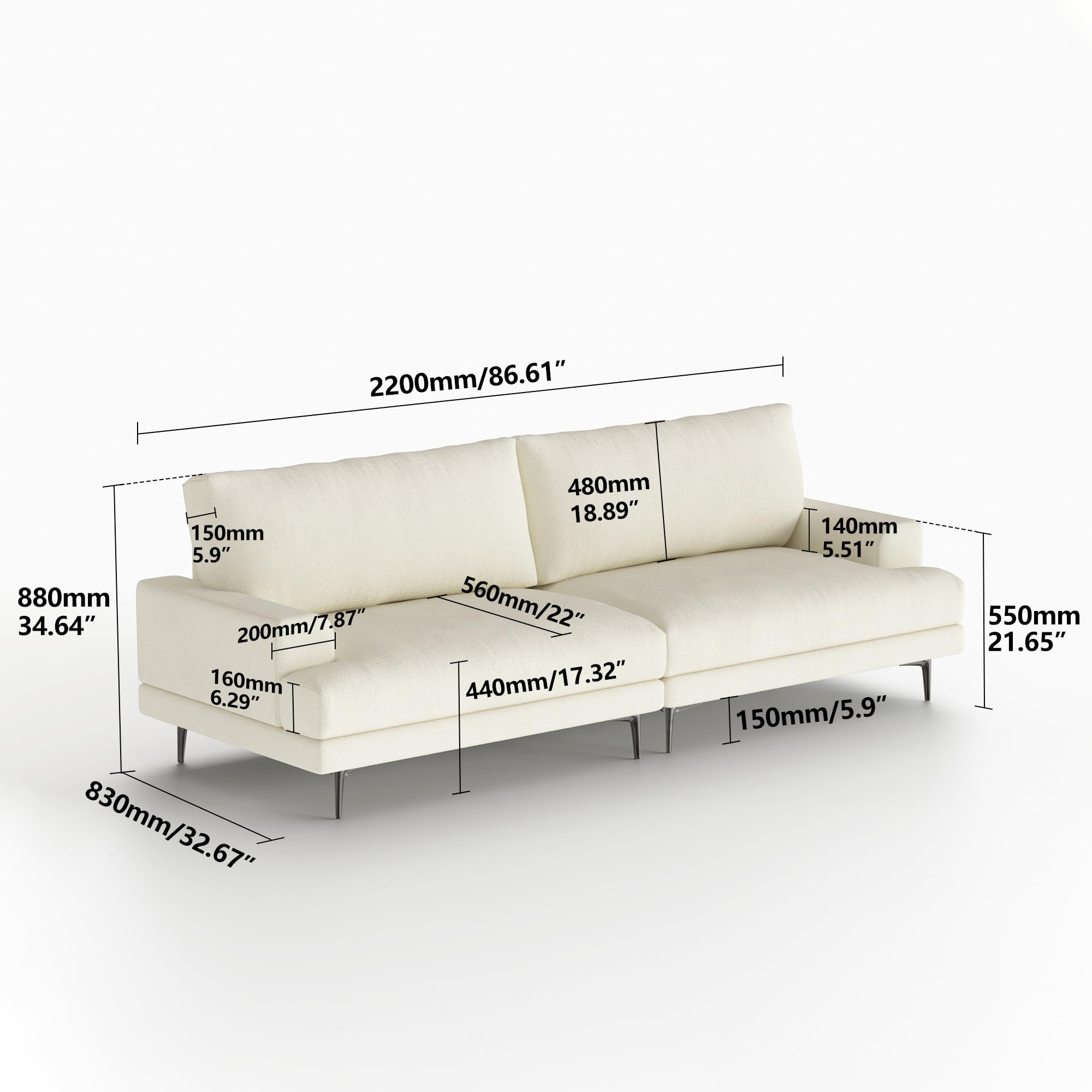 86.61" 3-Seater Cloud Sofa Couch, Modern Fabric Down-Filled Sofa | Fluffy Sofa with Plush Cushions and Metal Legs, Ideal for Apartments, Small Living Rooms & Cozy Spaces, White Beige