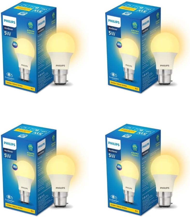 Philips 5-watt LED Bulb | AceSaver LED Bulb | Base: B22 Light Bulb for Home | Warm White, Pack of 4
