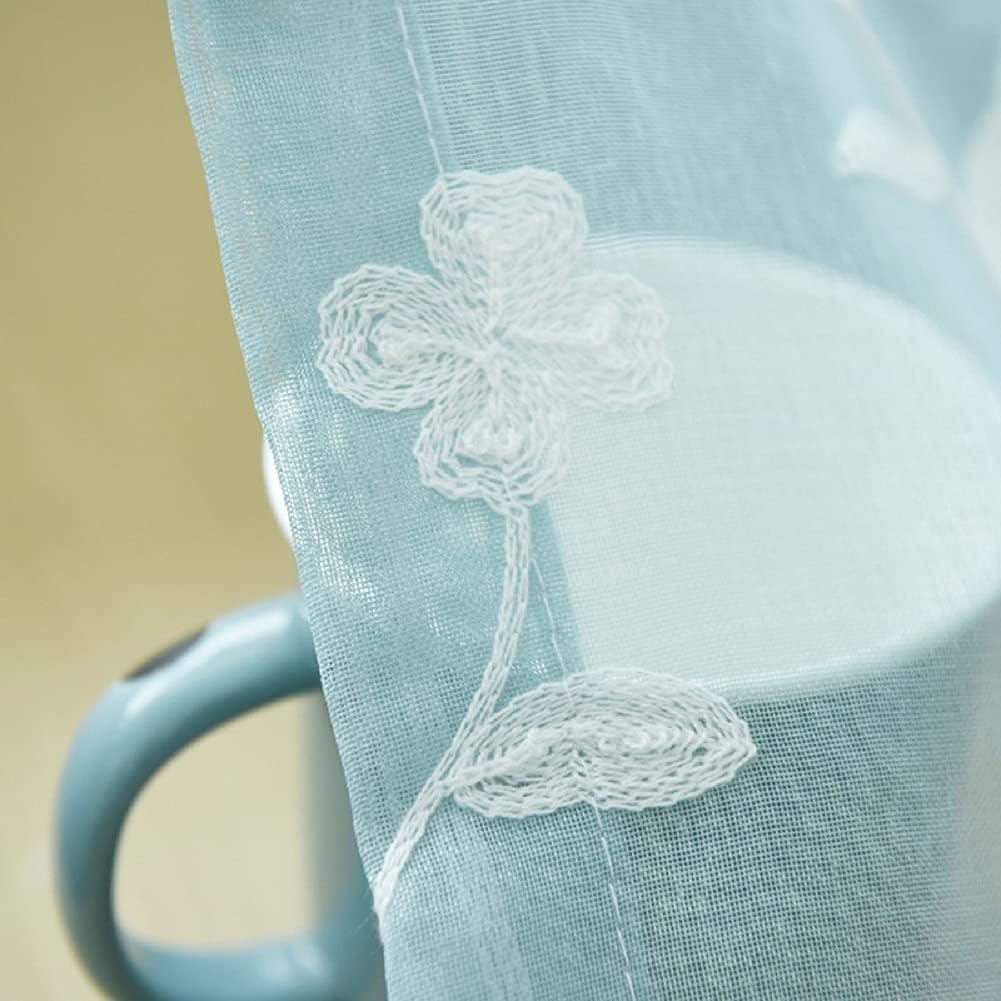 HooHero Blue Natural Voile 54 Width Sheer Curtains Window Treatments Exquisite Flower Embroidered Window Tulle for Nursery Kids Room Bedroom