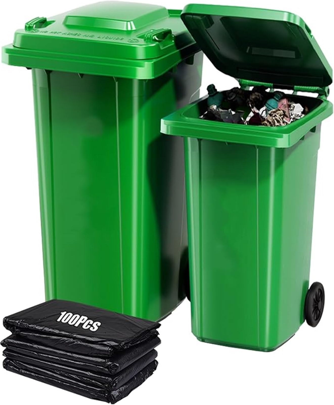 Cubo Basura Grande Cocina,Cubo Basura Terraza Y Patio,Contenedor Basura con Ruedas Exteriores Con Tapa Y Bolsa Almacenamiento 100 Piezas(Green,18 Gallon)