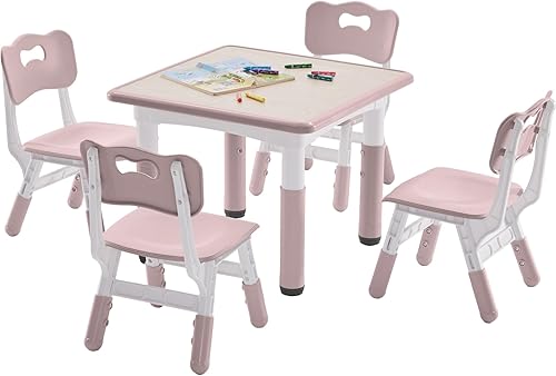 Miniatura 8 de Juego de mesa y 2 sillas para niños, mesa y sillas para niños pequeños de altura ajustable con escritorio de graffiti, 23.6 pulgadas de largo x 23.6