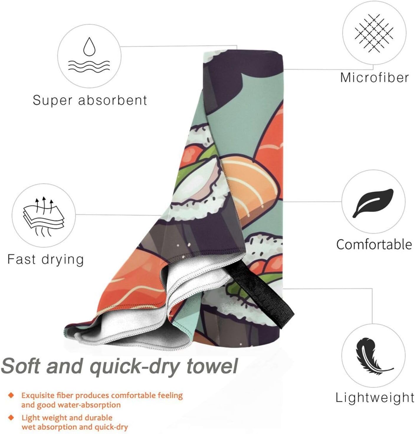 KHiry Microfiber Towel Beach Towels Sushi Quick Dry Towel Soft Lightweight Travel Towels Absorbent Large Easy Pack Travel Things Beach Blanket for Gym Sports Swimming
