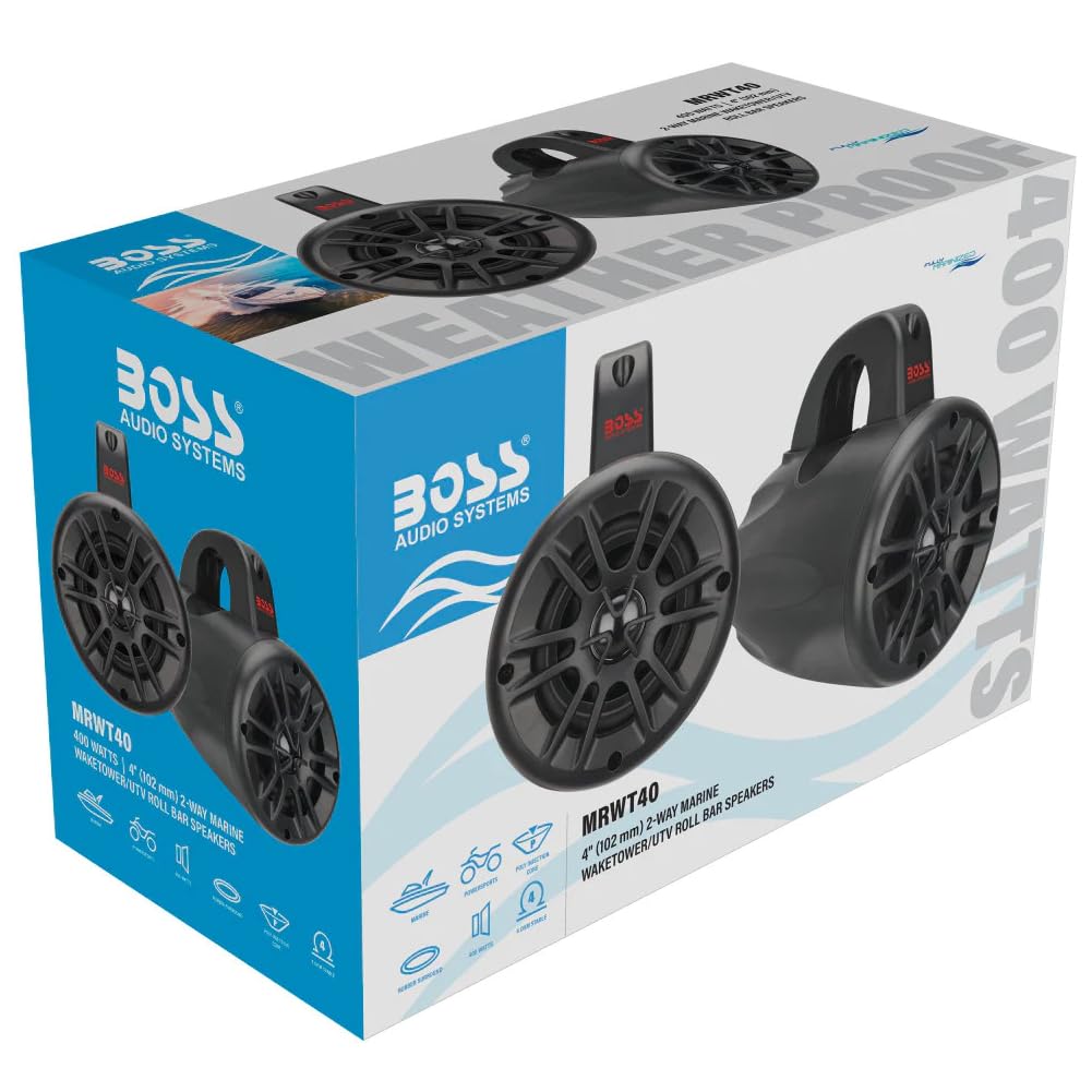 KIT Set pour Boss Audio Systems MRWT40 2 Haut-parleurs waketower Marins 2 Voies Noirs, utv Roll Bar, 10 cm 100 mm 4", 200 Watts rms 400 Watts Max, 4 ohms, étanches, pour Bateaux, par Paire