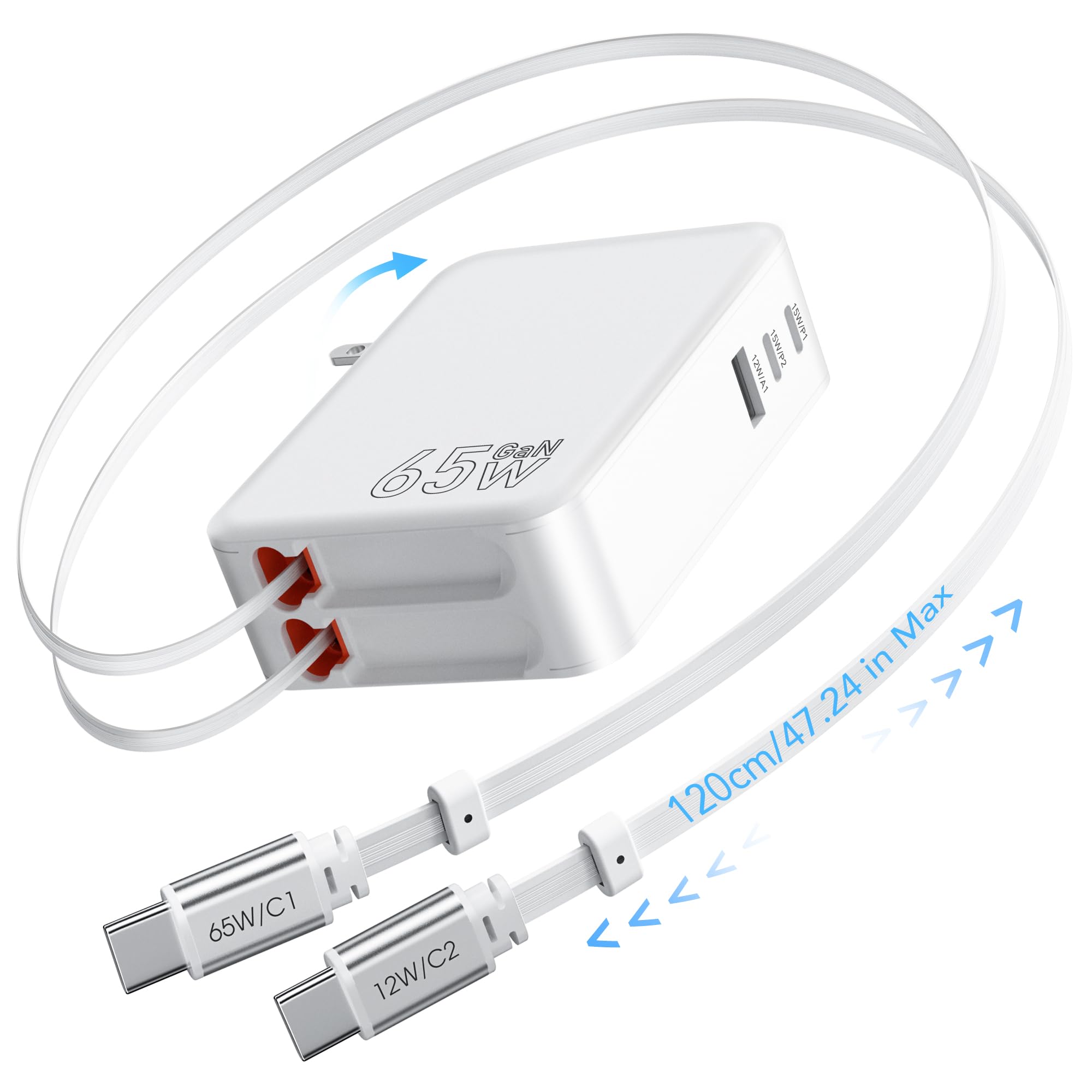 Amazon | GLILAVOX 65W 5in1 120cm 充電コード付き 巻き取り式 充電器