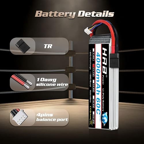 Miniatura 4 de HRB 2 baterías Lipo de 11.1 V 4000 mAh, 3S RC Lipo de 60 C para RC coche/camión, E-Maxx sin escobillas, E-Revo sin escobillas y Spartan, para