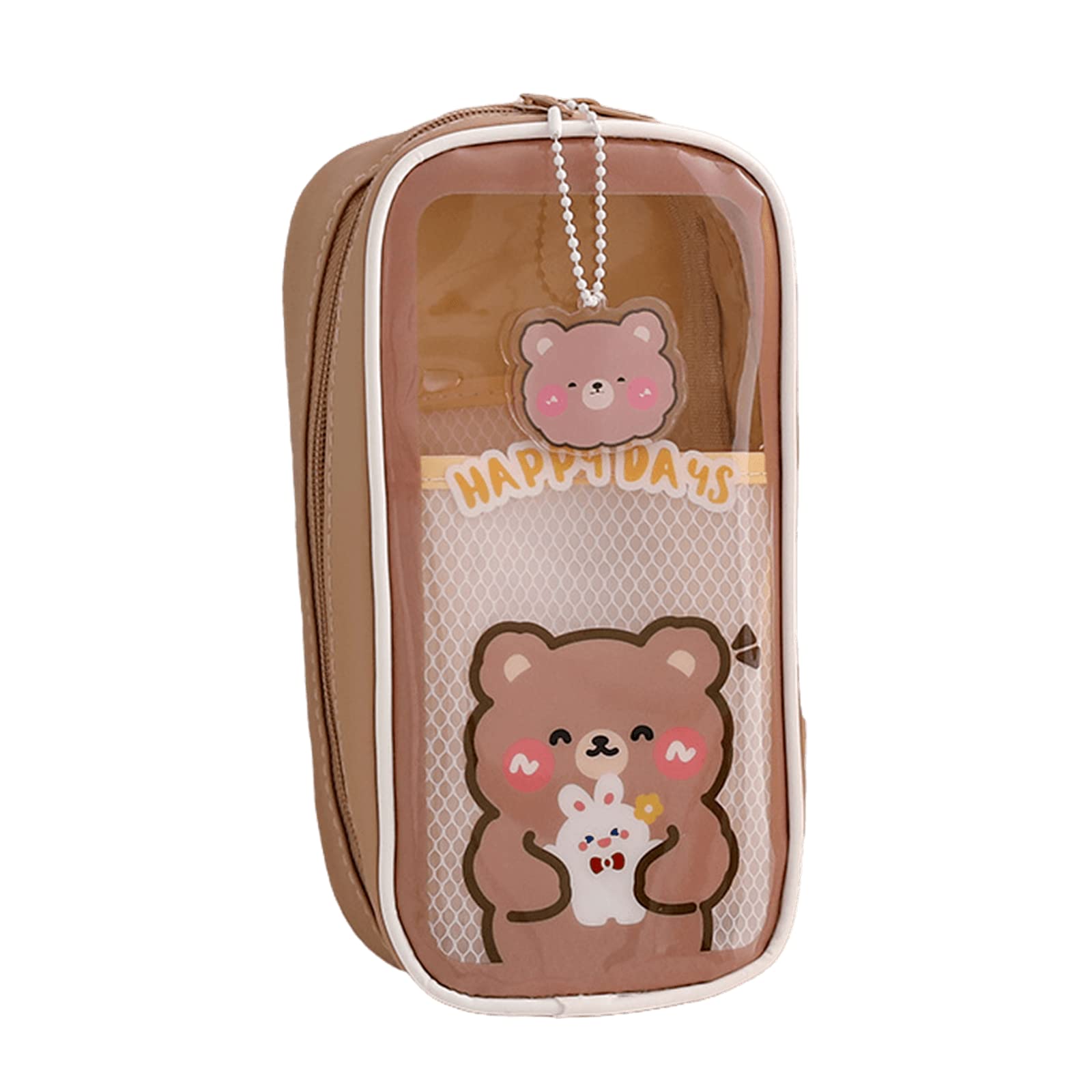 SHINsuke Kawaii Pencil Case with Bunny Bear Pendant, Back to School Supplies Stationery, Cute Clear Pencil Pouch Large Pencil Box (Caramel)