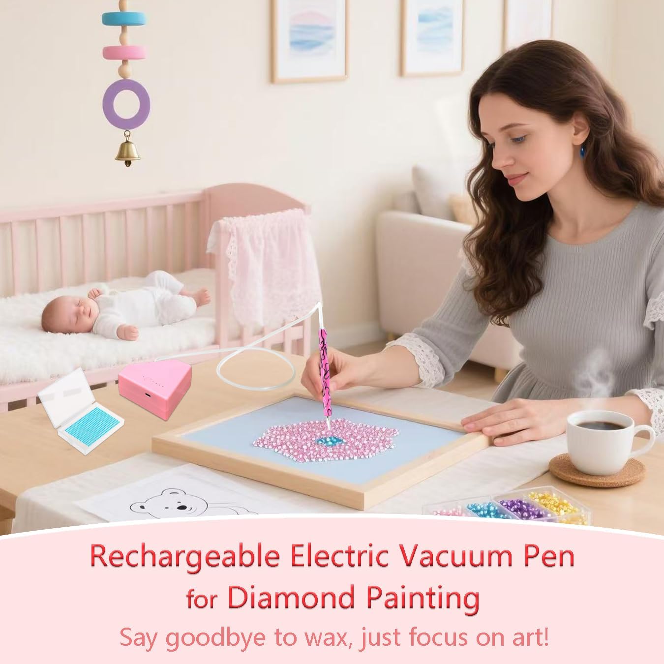 Lanzeyo Rechargeable Electric Diamond Painting Pen Vacuum Diamond Art Pen with Long Endurance Battery Electric Vacuum Pen with Beads Storage Tray for Gem Art Diamond Art Accessories (Pink)