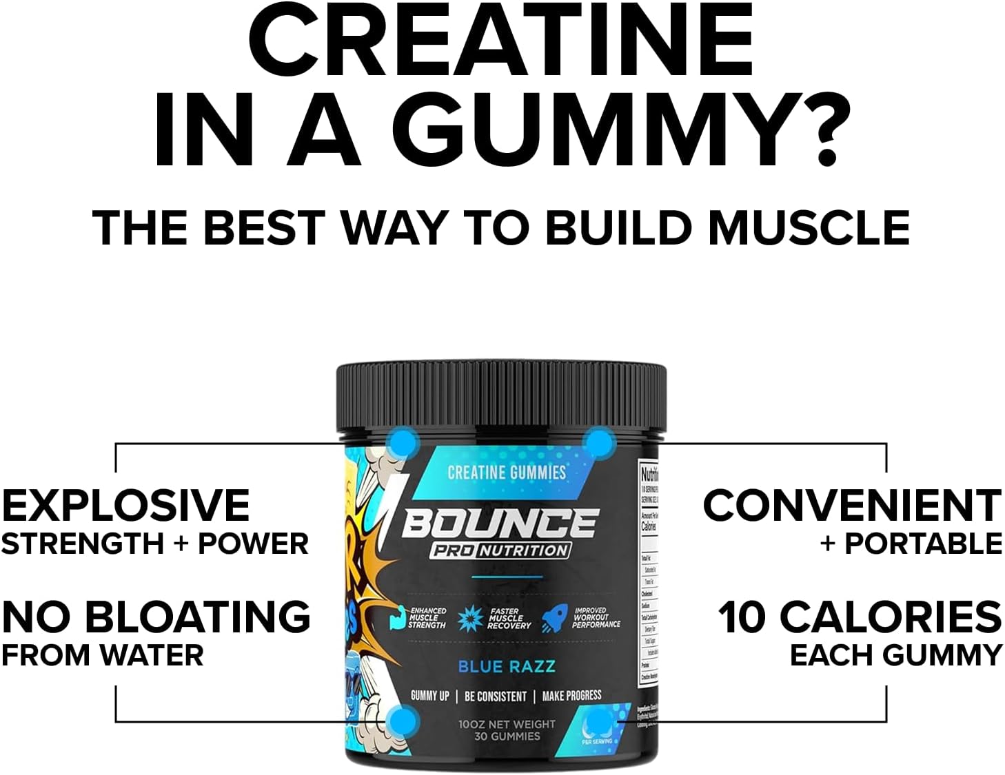 Bounce Pro Creatine Monohydrate Gummies for Men & Women, Low Calorie, 6G of Creatine per Serving, Vegan, Anti-Melting, Gluten-Free, Non-GMO, 2g of Creatine per Gummy (30ct, Blue Razz)