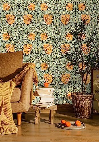 Papier peint floral vintage William Morris vert jaune 45cm x 3m