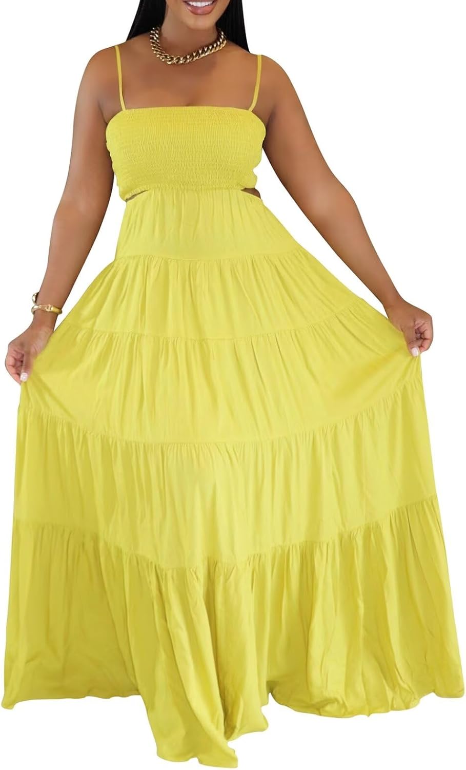 Women's Summer Smocked Maxi Dresses Boho Sleeveless Spaghetti Strap Swing Long Dress - Image 3