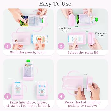 MOMUSE Dual-Lid Squeeze Pouch Holder for Food Pouches & Drink Boxes, Baby Pouch Holder with Larger Capacity, Versatile Design for Self-Feeding, Anti-Squeeze Pouch Holder No Spill No Mess, Pink