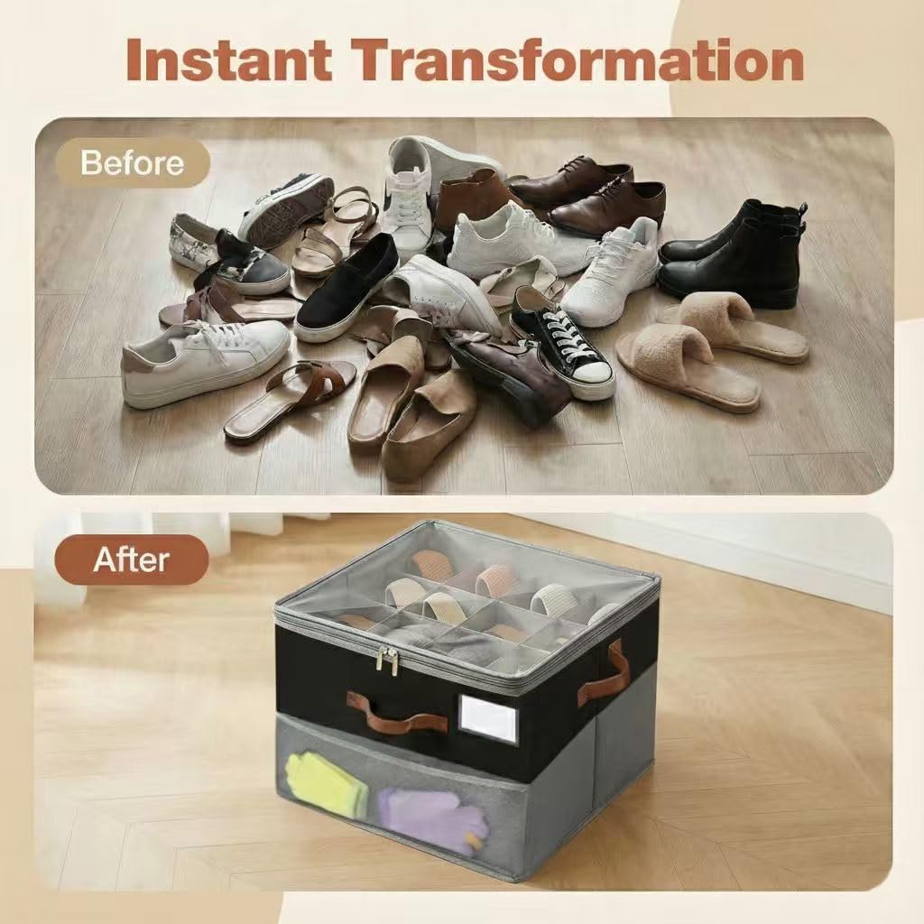 Shoe Organizer for Closet, Foldable Shoe Rack with Clear Cover, Adjustable Dividers for 16 Pairs, Storage Cubby for Wardrobe, Grey & Black