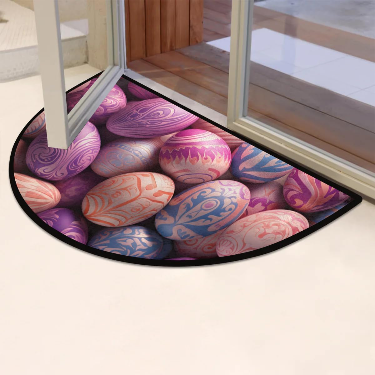 cfpolar Half Round Door Mat Watercolor Purple Easter Egg Non-Slip Semi Circle Area Rug Washable Half Moon Hearth Rugs for Indoor Outdoor Bathroom Kitchen Patio Runner Mat Laundry Room Home Decoration