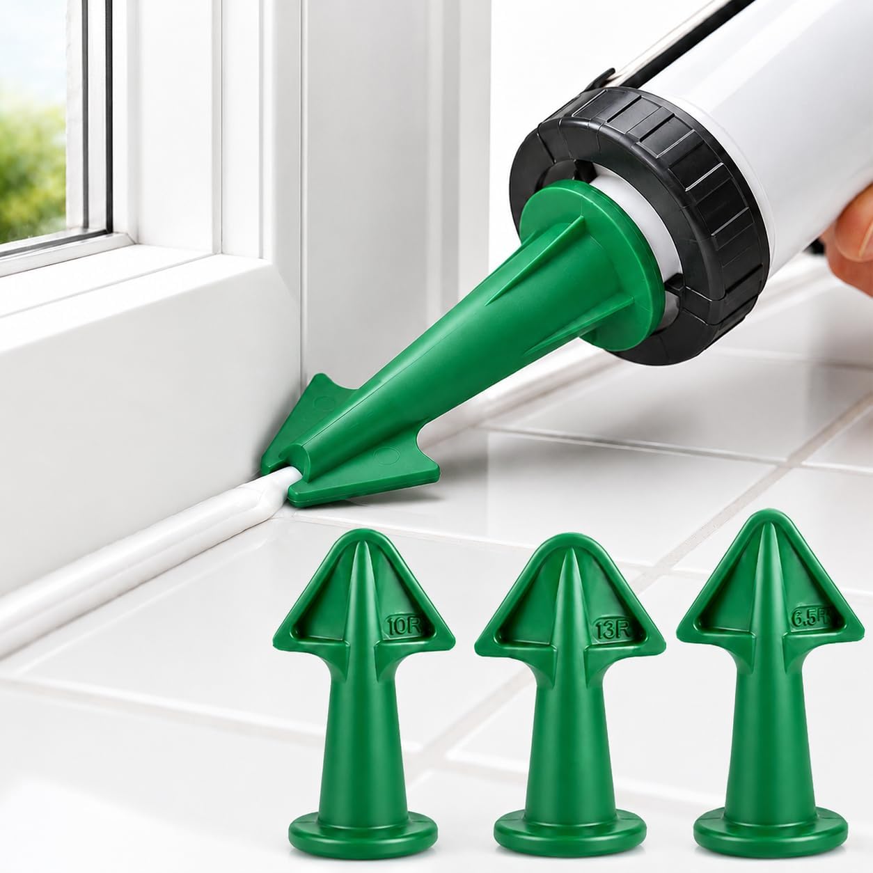 3Pcs Caulking Tips Set, Caulk Nozzle Applicator, Sealant Finishing Caps, Reusable Silicone 6.5R 10R 13R Tools for Grout Sealing, Kitchen, Bathroom, Window, DIY, Green
